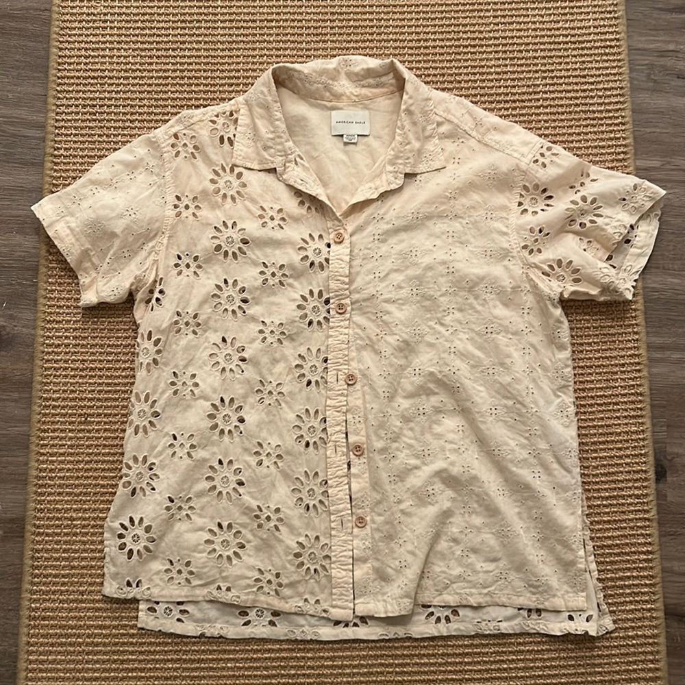 Cream colored American Eagle Button Down Top with see through embroidery